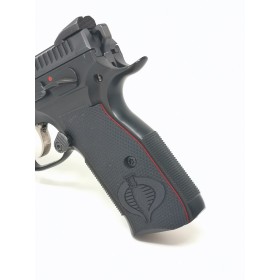 Palm Swell Grips Shadow 2 COBRA CHECKERED Black Engraved & Liner Red- Lok Grips 2