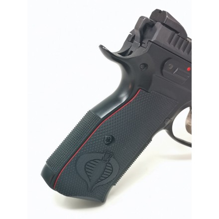 Palm Swell Grips Shadow 2 COBRA CHECKERED Black Engraved & Liner Red- Lok Grips